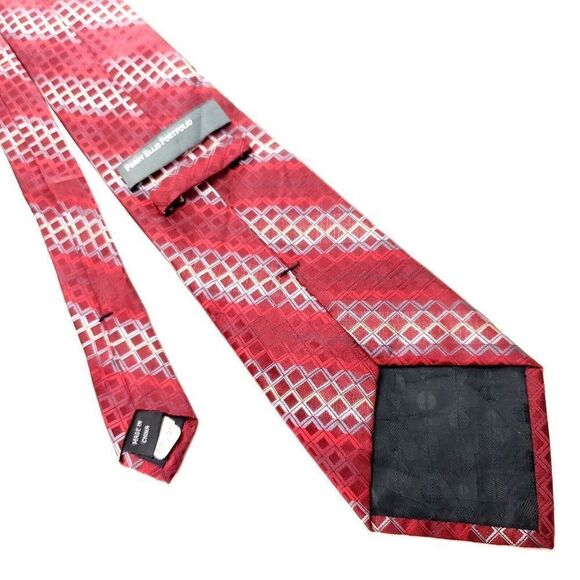 Perry Ellis Portfolio Red Silk Tie Woven Check Regimental - Picture 3 of 7